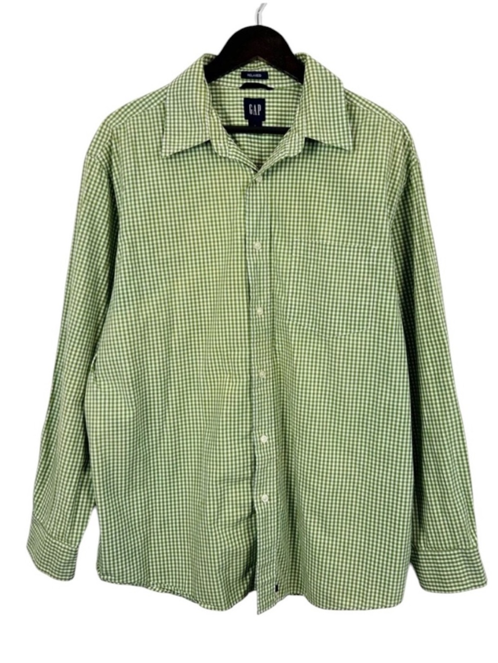 GAP Men’s Green Micro-Gingham Button-Down Shirt Size Large